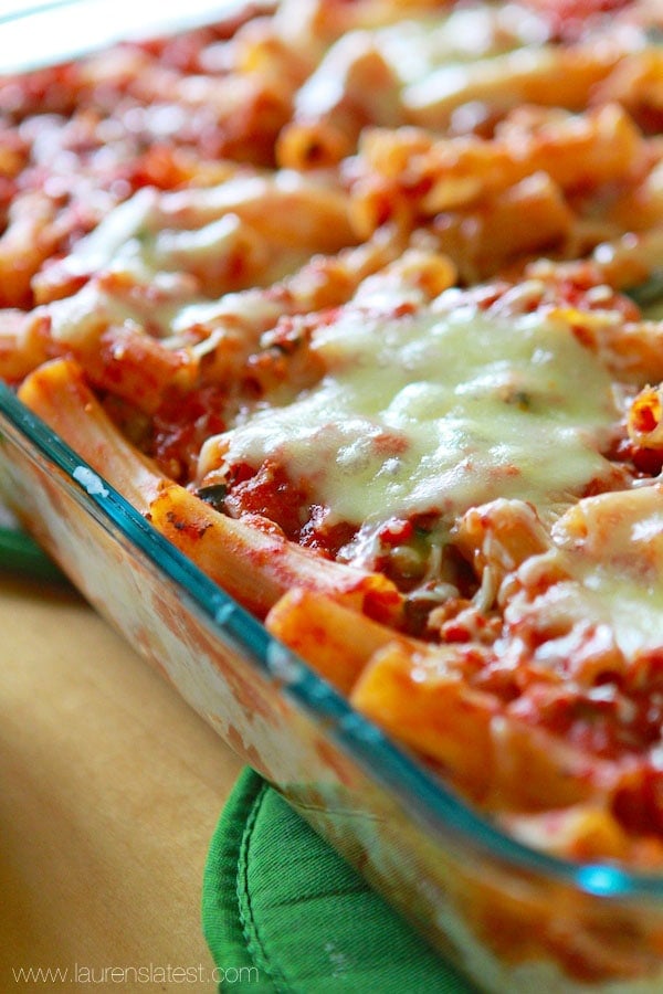 Baked Rigatoni Pasta in a glass baking dish